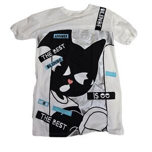 TOBY BLACK A02 cat lovers white mesh jersey style unisex top shirt‎ M